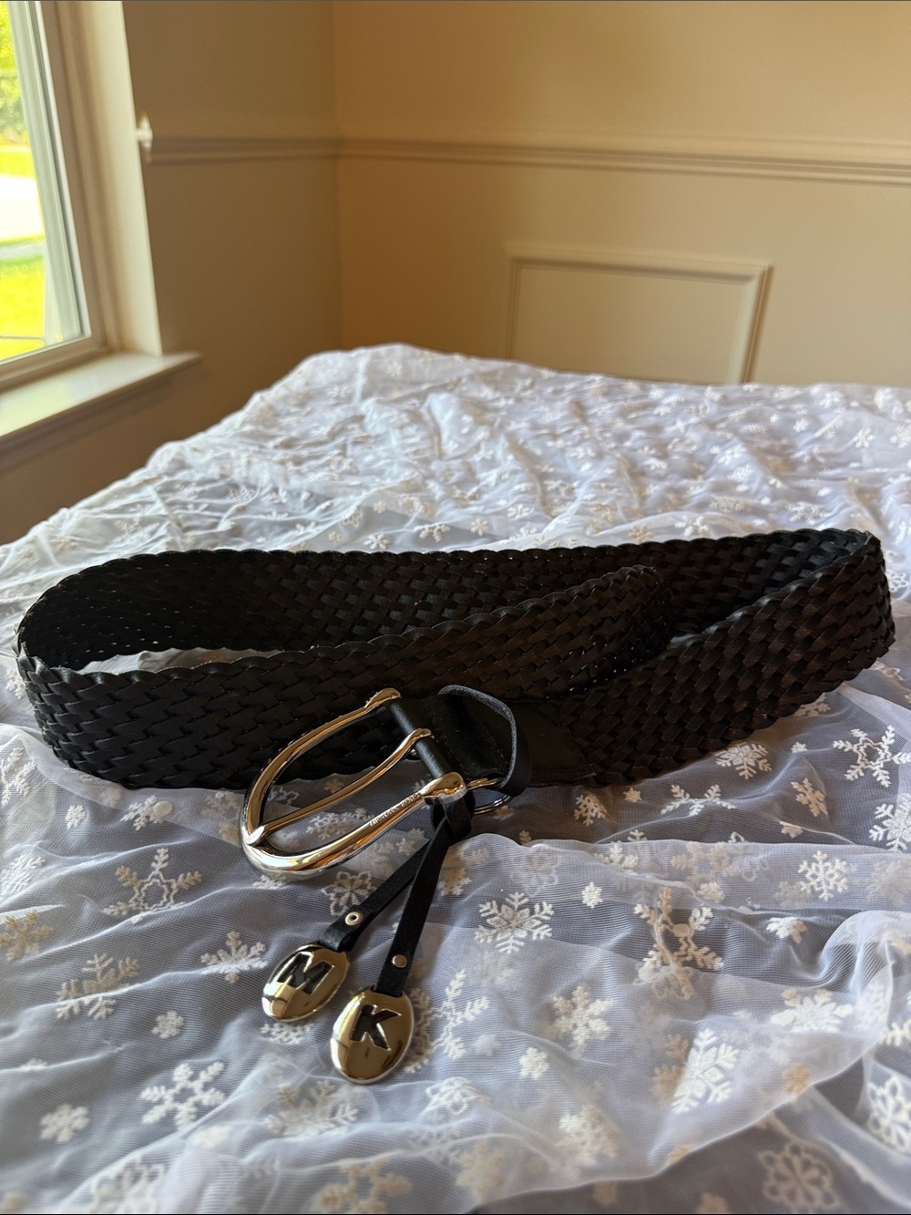 Michael Kors Black Woven Genuine Leather Belt Silver Buckle Size Large